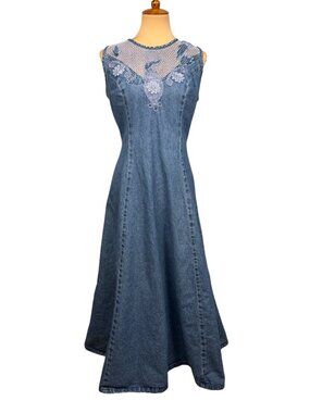 Vintage 90s Newport News Denim Dress Teachercore Embroidered Cottagecore Size 16